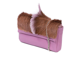 sherene melinda springbok hair-on-hide lavender leather Sophy SS18 Clutch Bag Fan side angle strap