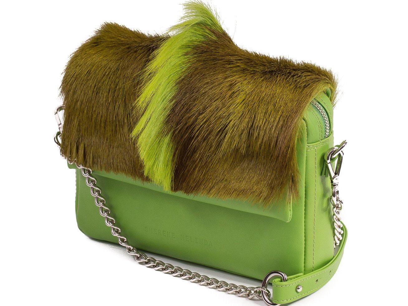 sherene melinda springbok hair-on-hide lime green leather shoulder bag Fan side angle strap