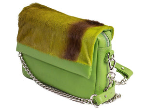 sherene melinda springbok hair-on-hide lime green leather shoulder bag Stripe side angle strap