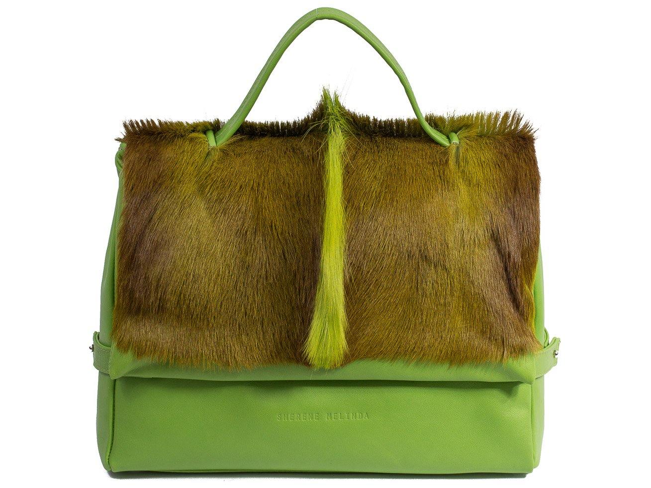 sherene melinda springbok hair-on-hide lime green leather smith tote bag Fan front