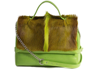 sherene melinda springbok hair-on-hide lime green leather smith tote bag fan front strap