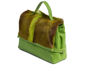 sherene melinda springbok hair-on-hide lime green leather smith tote bag Fan side angle