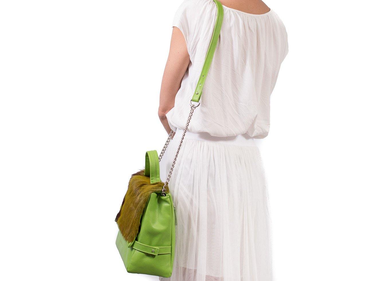 sherene melinda springbok hair-on-hide lime green leather smith tote bag Stripe front