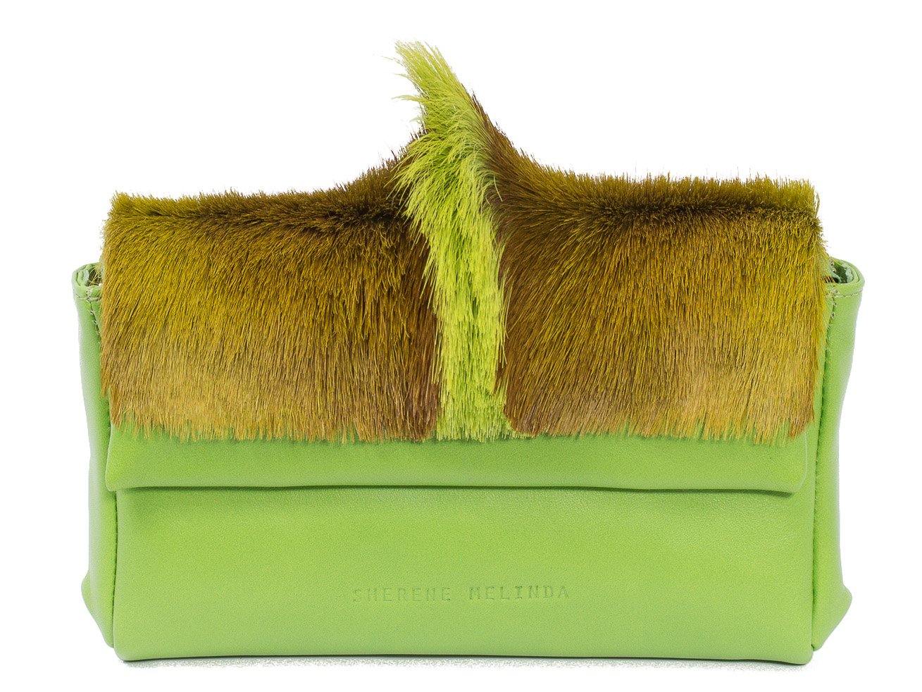 sherene melinda springbok hair-on-hide lime green leather Sophy SS18 Clutch Bag Fan front