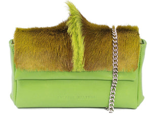 sherene melinda springbok hair-on-hide lime green leather Sophy SS18 Clutch Bag fan front strap