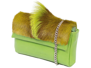 sherene melinda springbok hair-on-hide lime green leather Sophy SS18 Clutch Bag Fan side angle strap