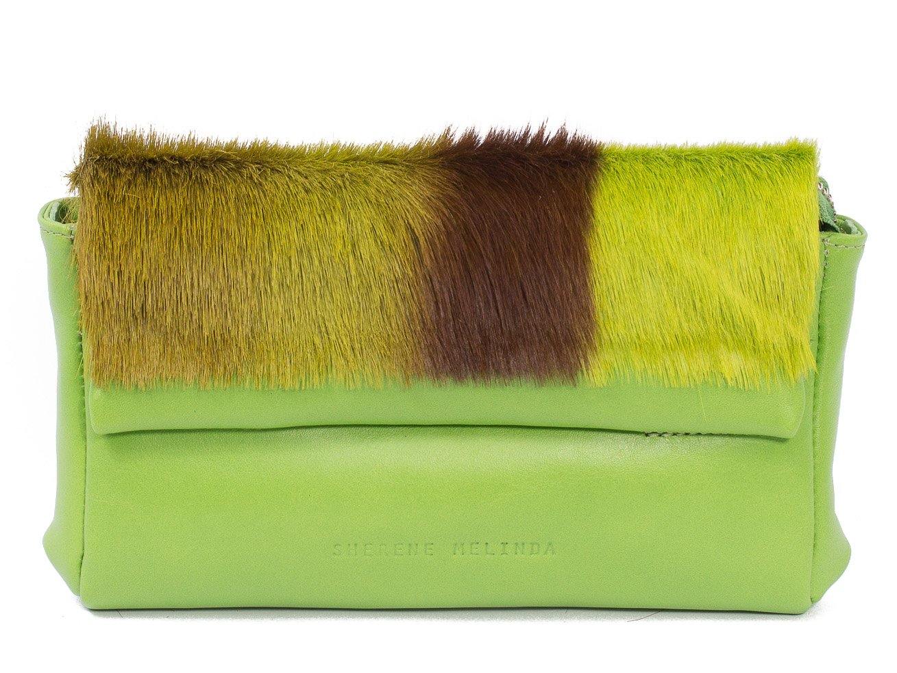 sherene melinda springbok hair-on-hide lime green leather Sophy SS18 Clutch Bag stripe front strap