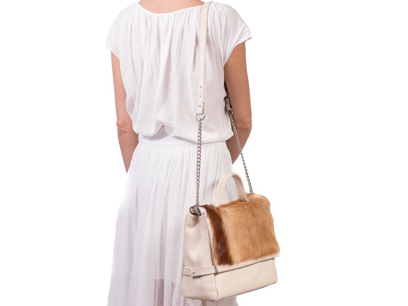 sherene melinda springbok hair-on-hide natural leather smith tote bag stripe front strap