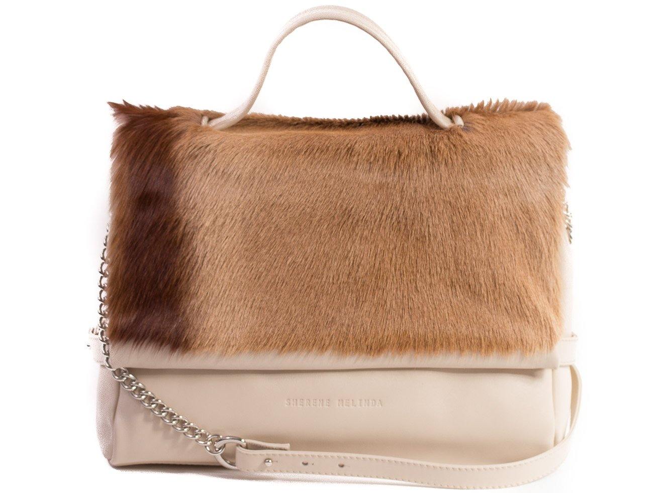 sherene melinda springbok hair-on-hide natural leather smith tote bag stripe front strap