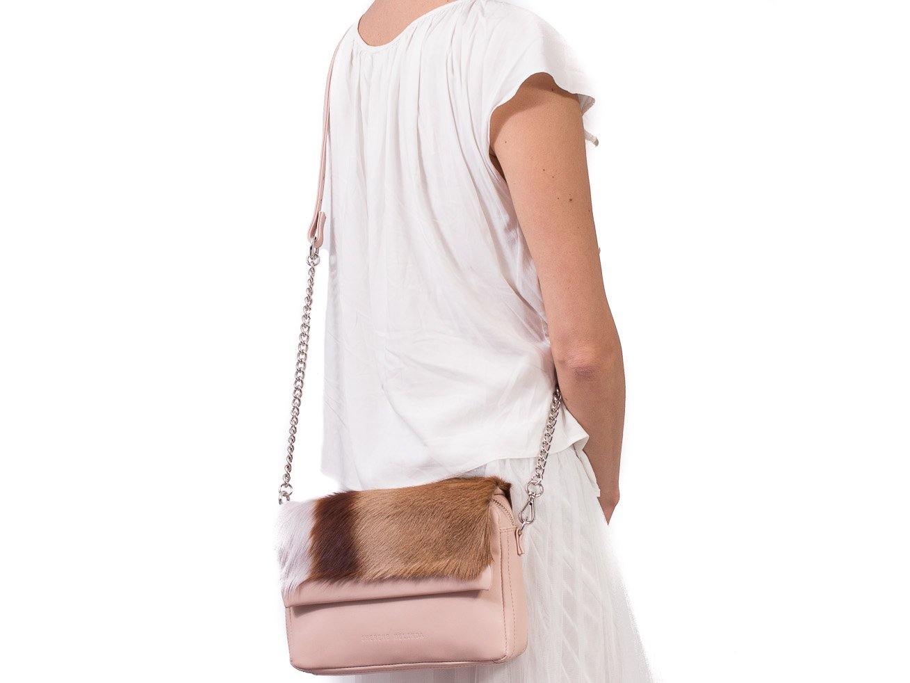 sherene melinda springbok hair-on-hide nude leather shoulder bag stripe context