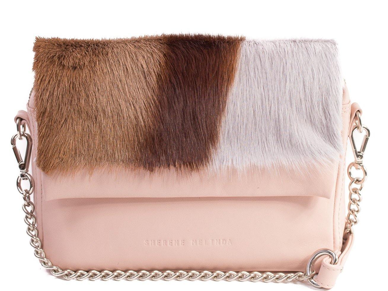 sherene melinda springbok hair-on-hide nude leather shoulder bag stripe front strap