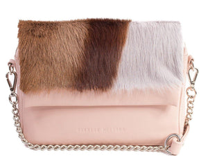 sherene melinda springbok hair-on-hide nude leather shoulder bag stripe front strap