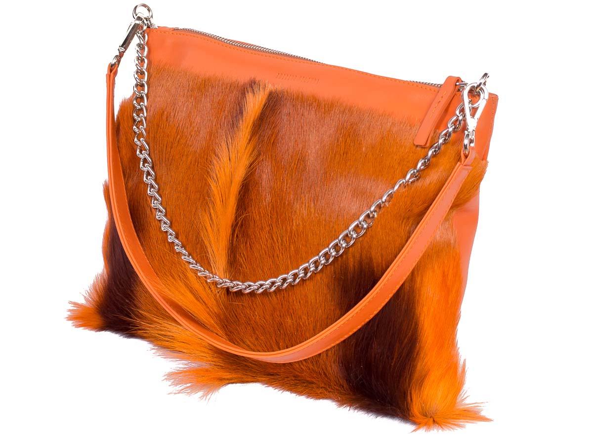 Multiway Springbok Handbag in Orange with a Fan by Sherene Melinda Side Angle Strap