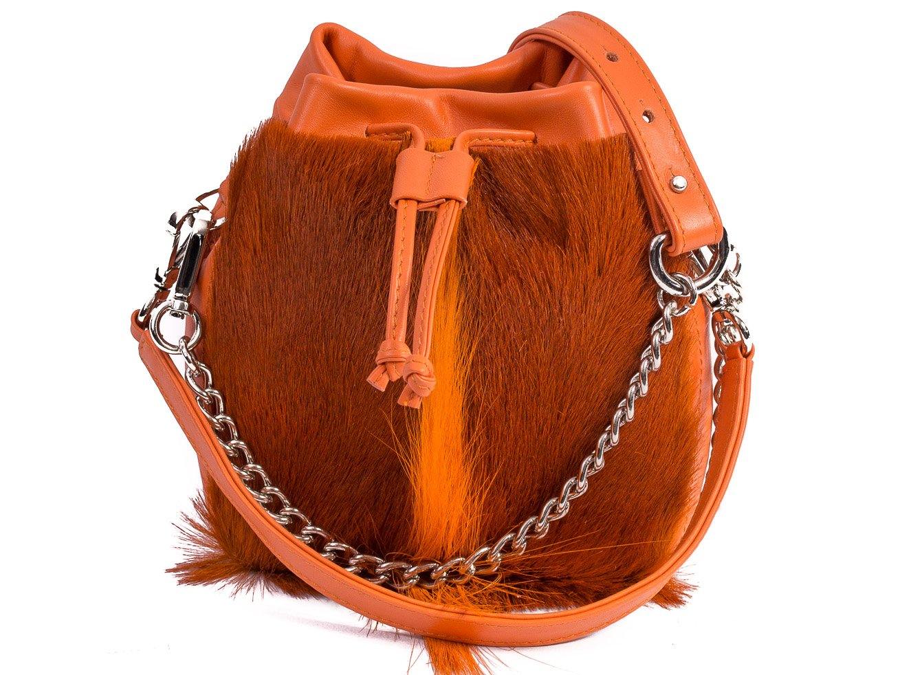 sherene melinda springbok hair-on-hide orange leather pouch bag fan front strap