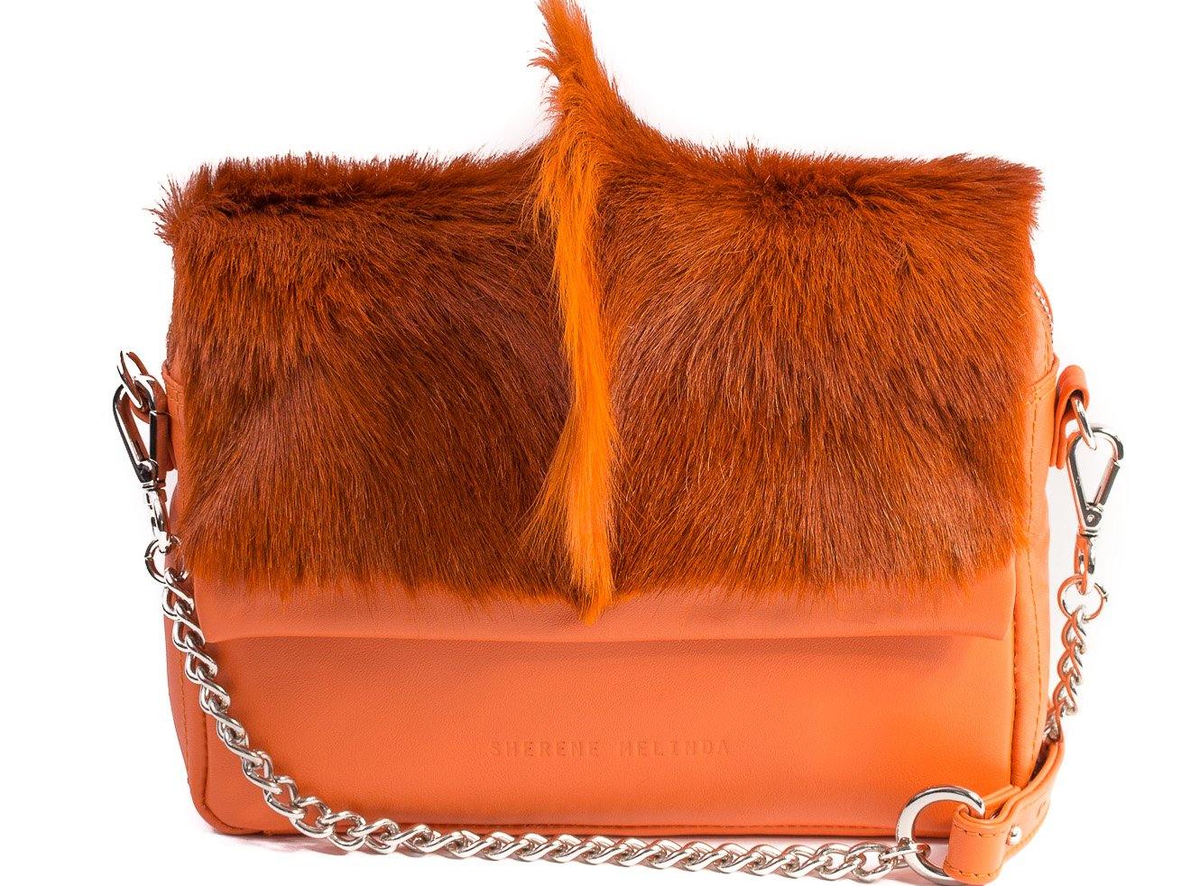 sherene melinda springbok hair-on-hide orange leather shoulder bag fan front strap