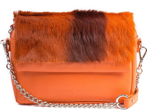 sherene melinda springbok hair-on-hide orange leather shoulder bag stripe front strap