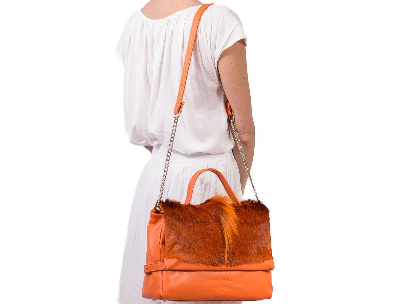 sherene melinda springbok hair-on-hide orange leather smith tote bag fan front strap
