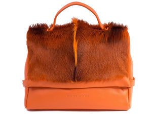 sherene melinda springbok hair-on-hide orange leather smith tote bag Fan front