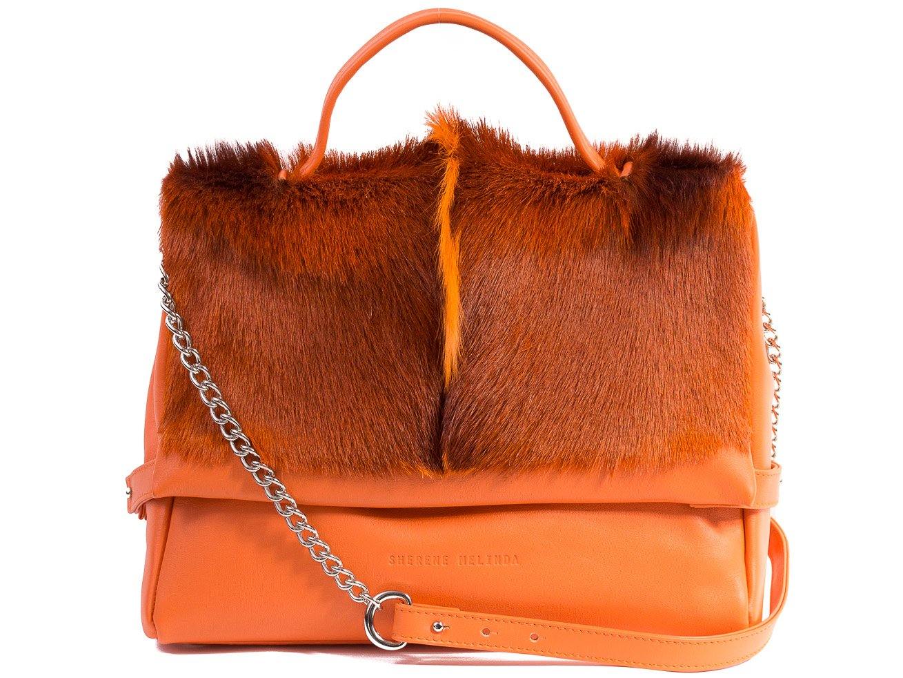 sherene melinda springbok hair-on-hide orange leather smith tote bag fan front strap