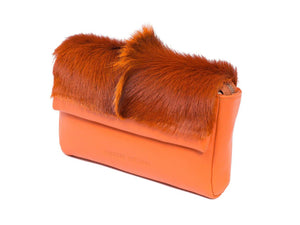 sherene melinda springbok hair-on-hide orange leather Sophy SS18 Clutch Bag Fan front