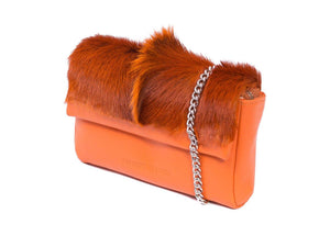 sherene melinda springbok hair-on-hide orange leather Sophy SS18 Clutch Bag Fan side angle strap