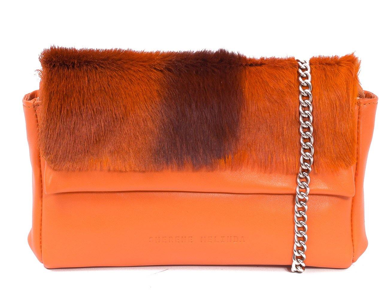 sherene melinda springbok hair-on-hide orange leather Sophy SS18 Clutch Bag stripe front strap