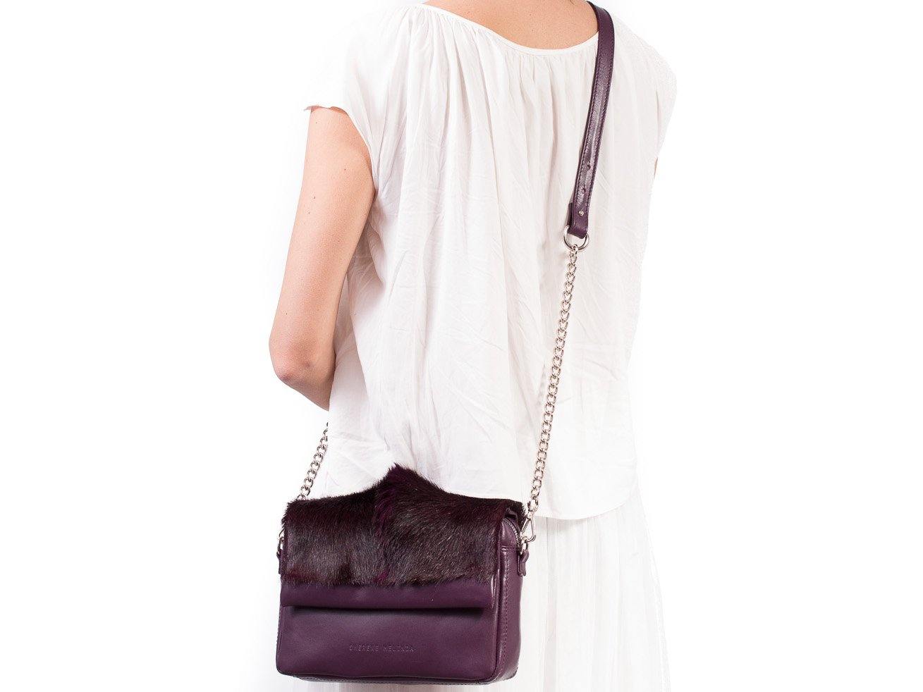 sherene melinda springbok hair-on-hide plum leather shoulder bag stripe front strap