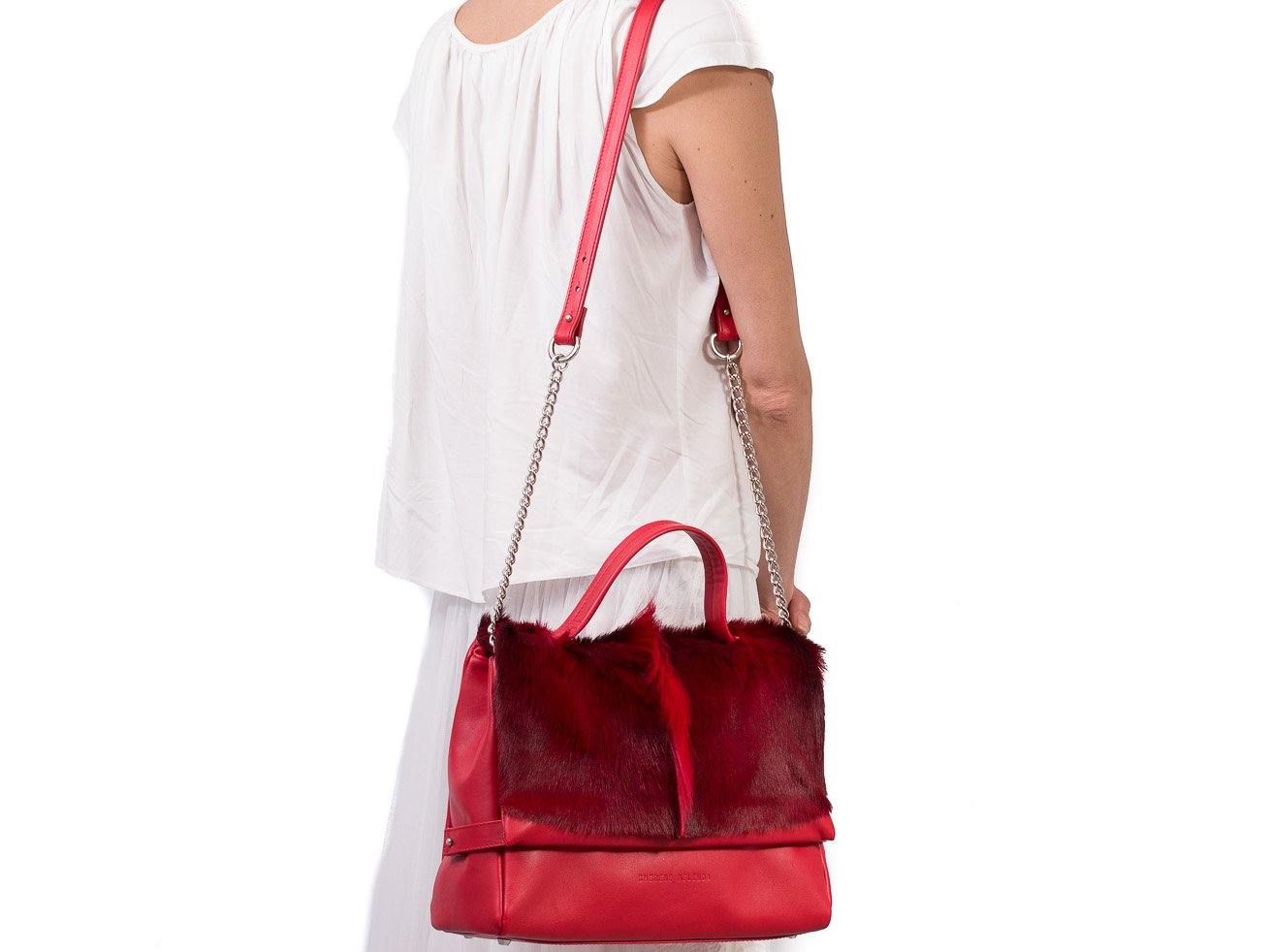 sherene melinda springbok hair-on-hide red leather smith tote bag fan front strap