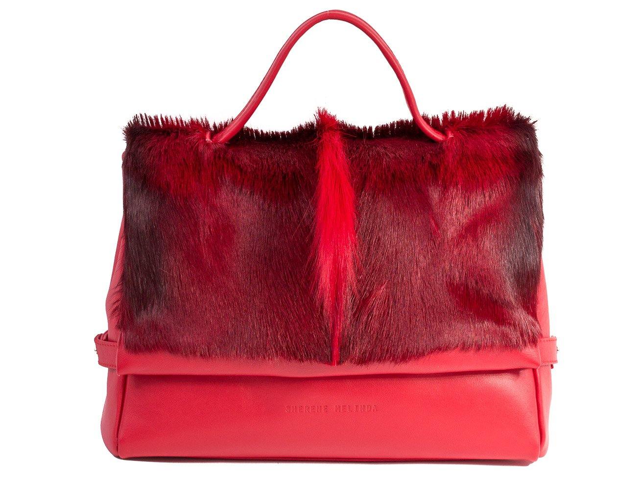 sherene melinda springbok hair-on-hide red leather smith tote bag Fan front