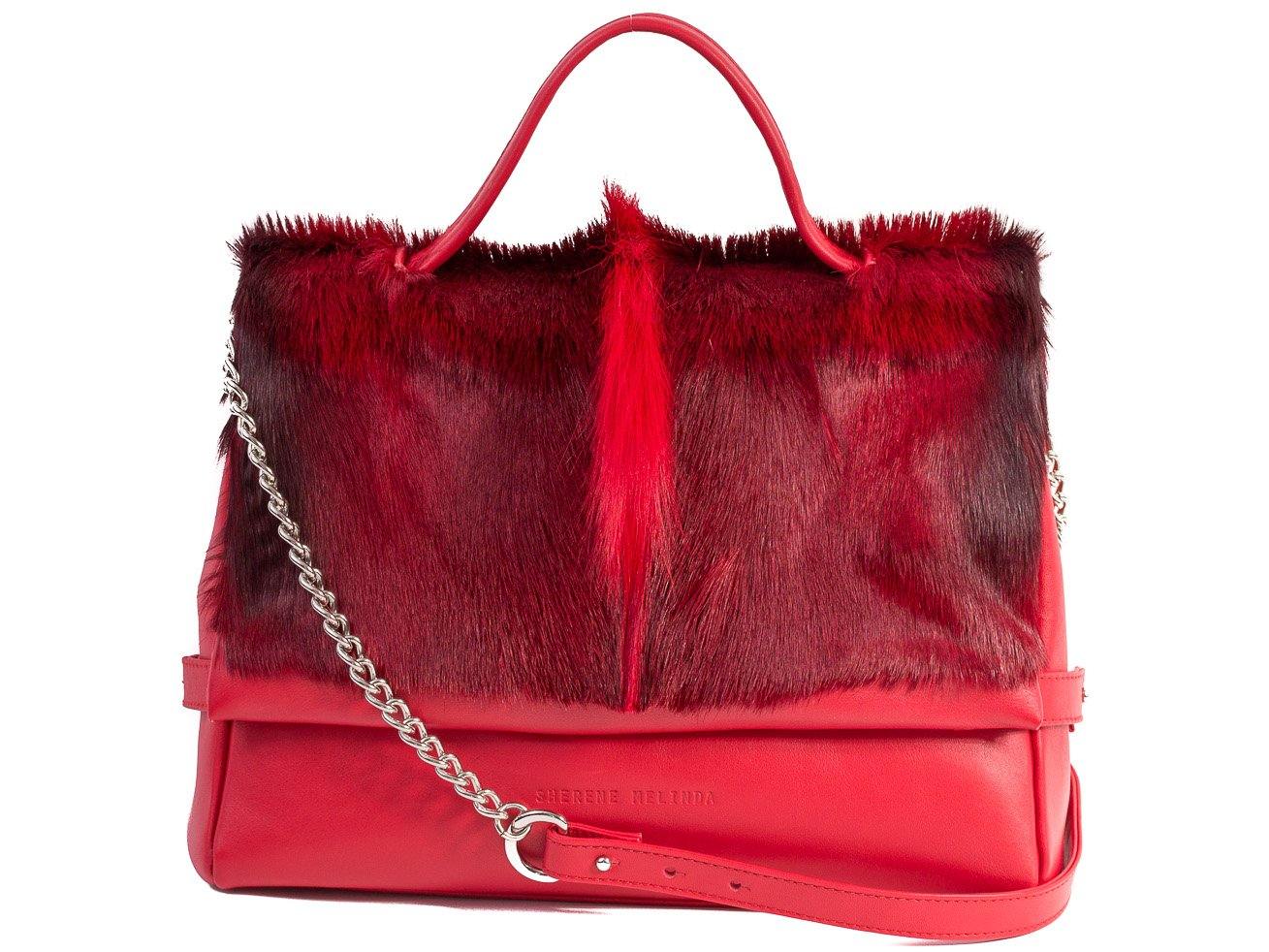 sherene melinda springbok hair-on-hide red leather smith tote bag fan front strap