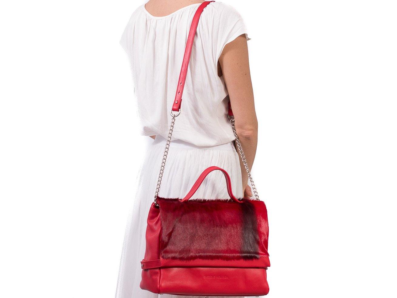sherene melinda springbok hair-on-hide red leather smith tote bag stripe front strap