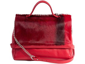 sherene melinda springbok hair-on-hide red leather smith tote bag stripe front strap