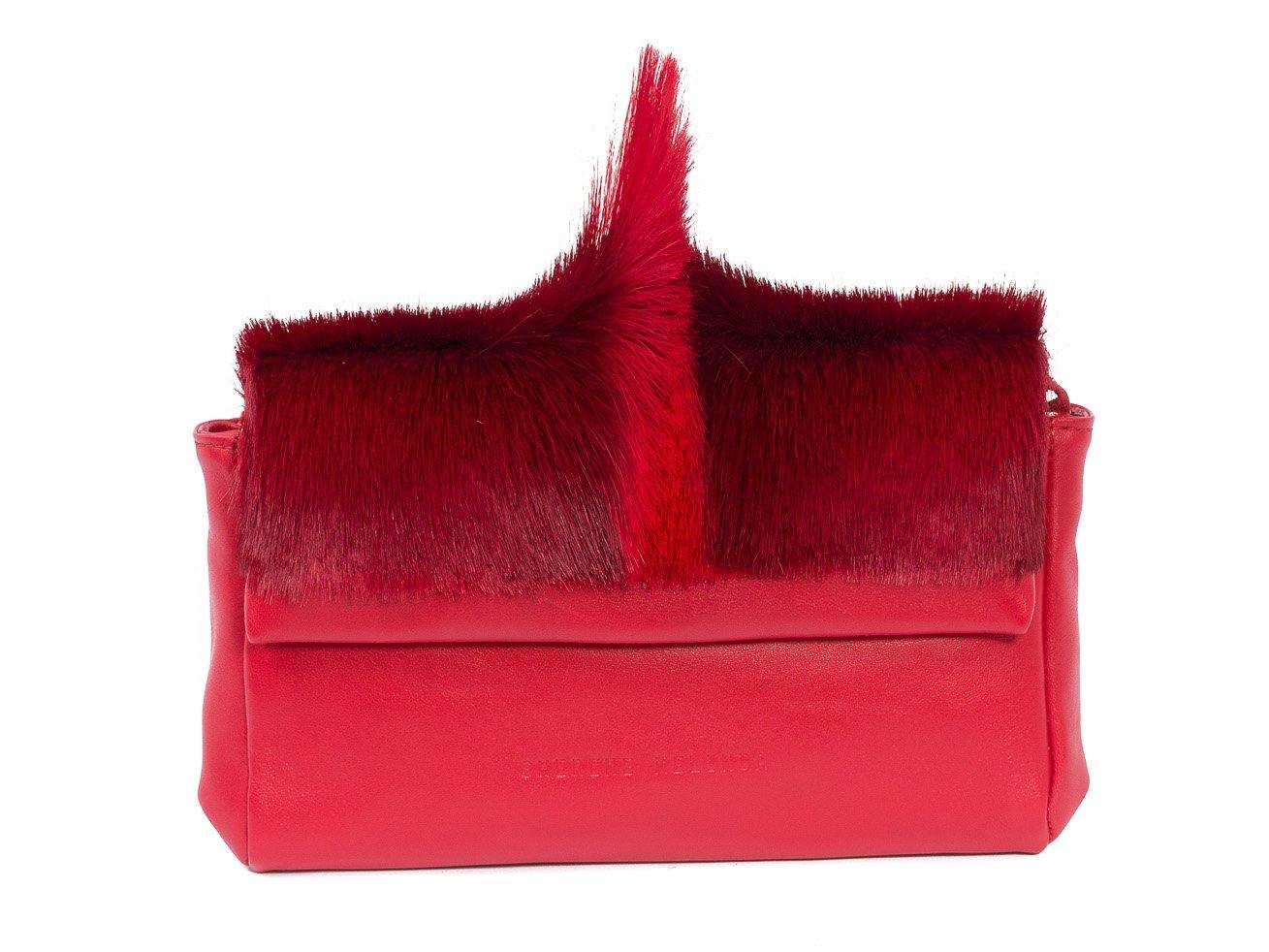 sherene melinda springbok hair-on-hide red leather Sophy SS18 Clutch Bag Fan front