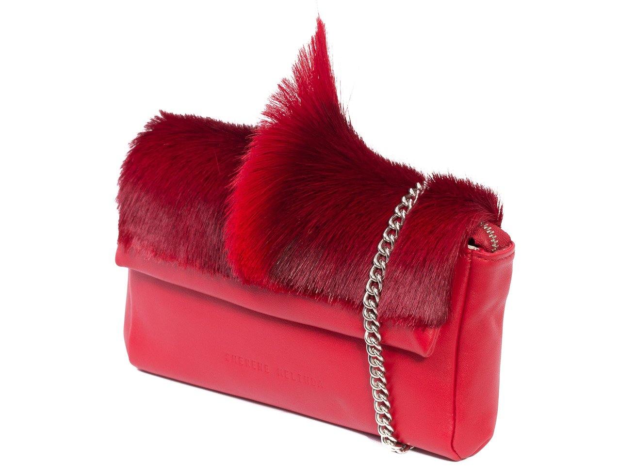 sherene melinda springbok hair-on-hide red leather Sophy SS18 Clutch Bag Fan side angle strap