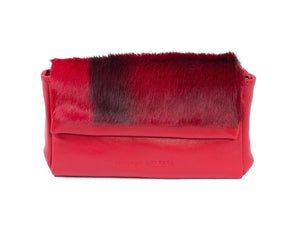 sherene melinda springbok hair-on-hide red leather Sophy SS18 Clutch Bag Stripe front