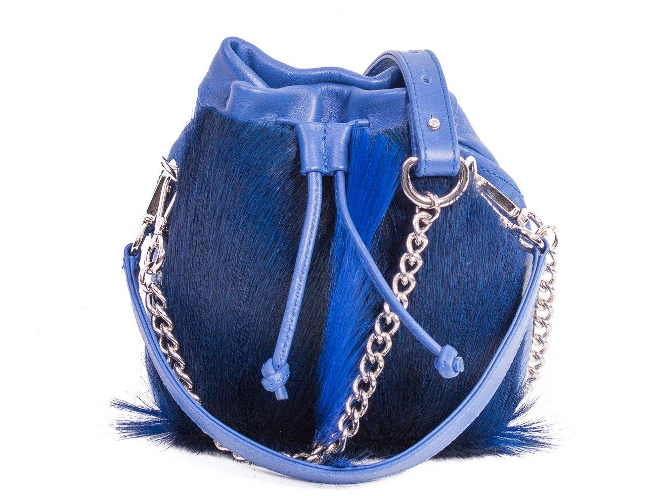 sherene melinda springbok hair-on-hide royal blue leather pouch bag fan front strap