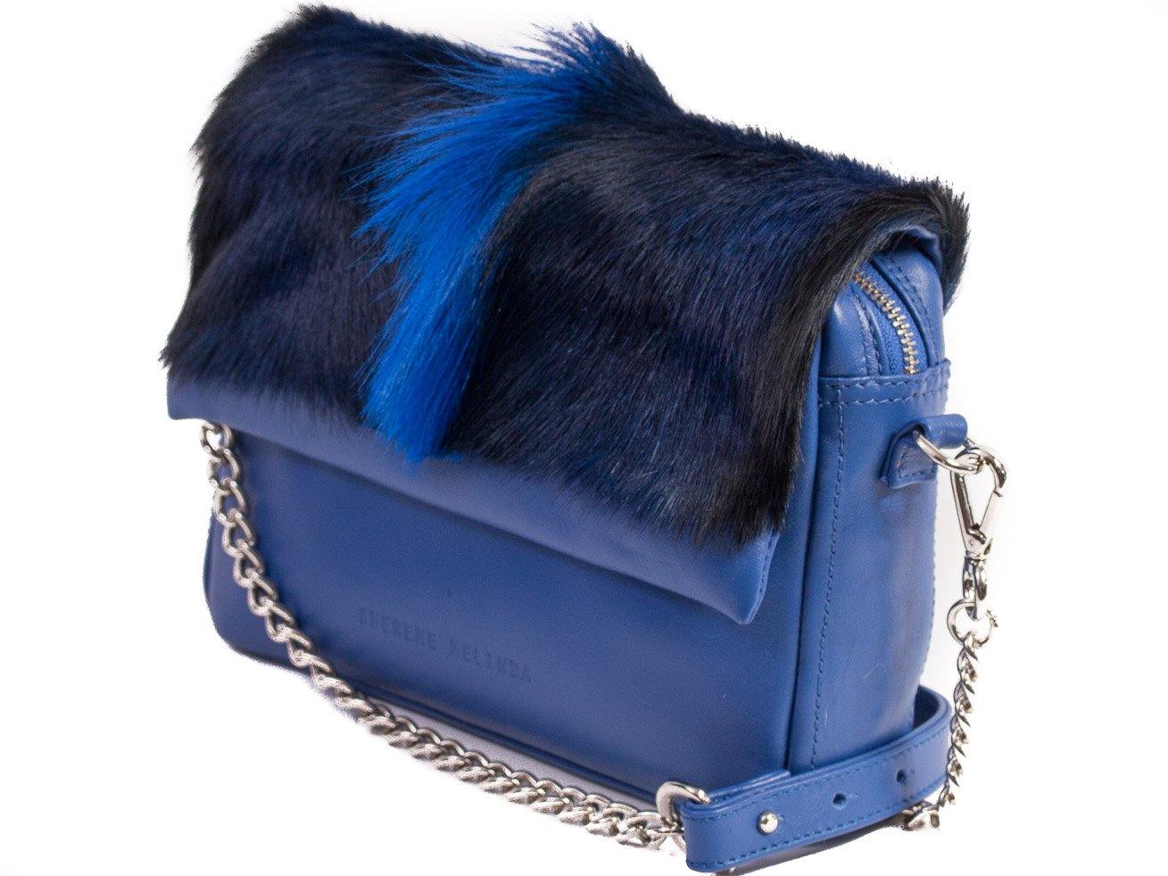 sherene melinda springbok hair-on-hide royal blue leather shoulder bag Fan side angle strap