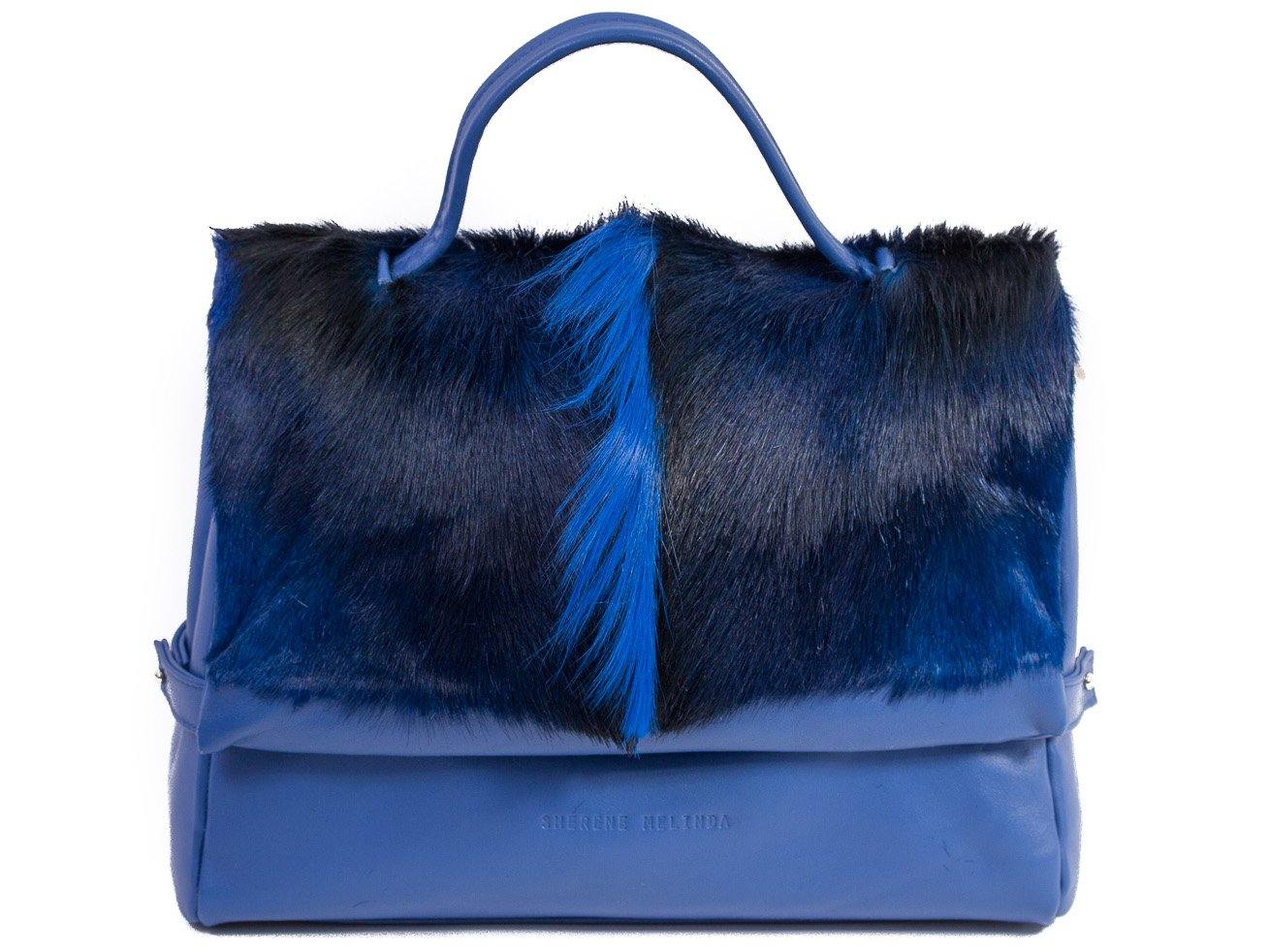 sherene melinda springbok hair-on-hide royal blue leather smith tote bag fan front strap
