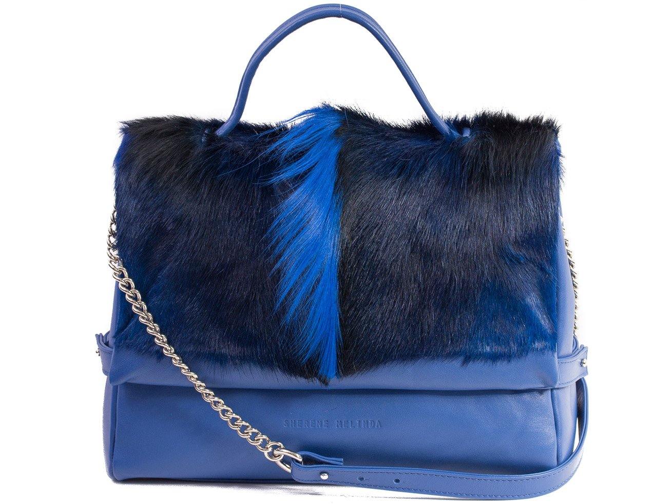 sherene melinda springbok hair-on-hide royal blue leather smith tote bag fan front strap