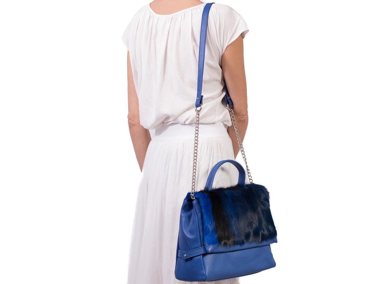 sherene melinda springbok hair-on-hide royal blue leather smith tote bag stripe front strap