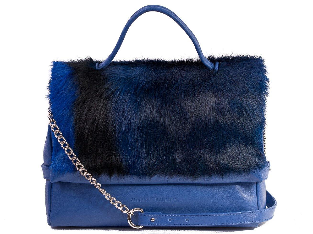 sherene melinda springbok hair-on-hide royal blue leather smith tote bag stripe front strap