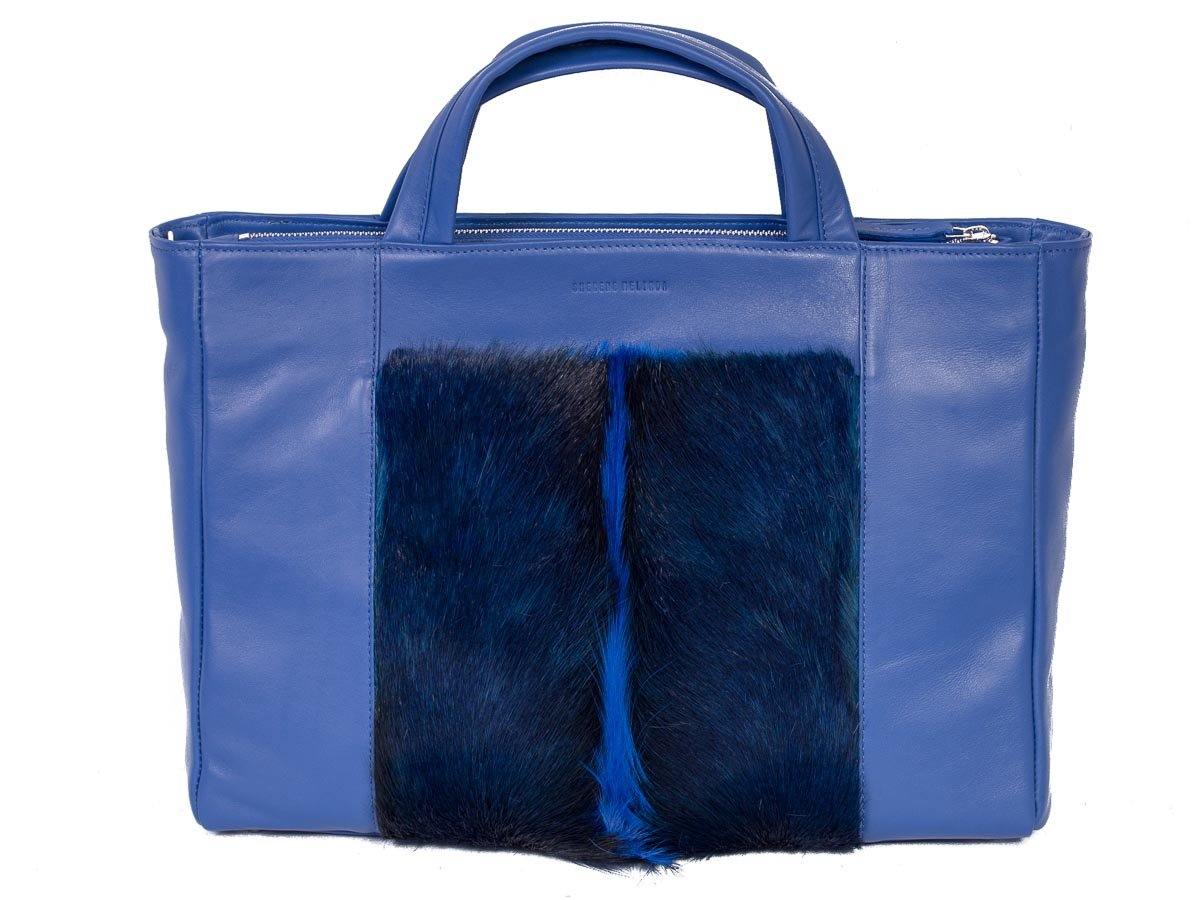 Tote Springbok Handbag in Royal Blue with a fan by Sherene Melinda Front