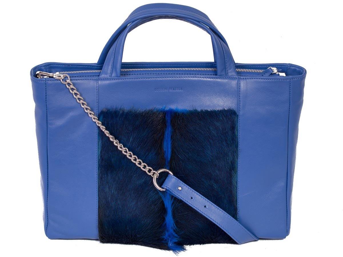 Tote Springbok Handbag in Royal Blue with a fan by Sherene Melinda Front Strap