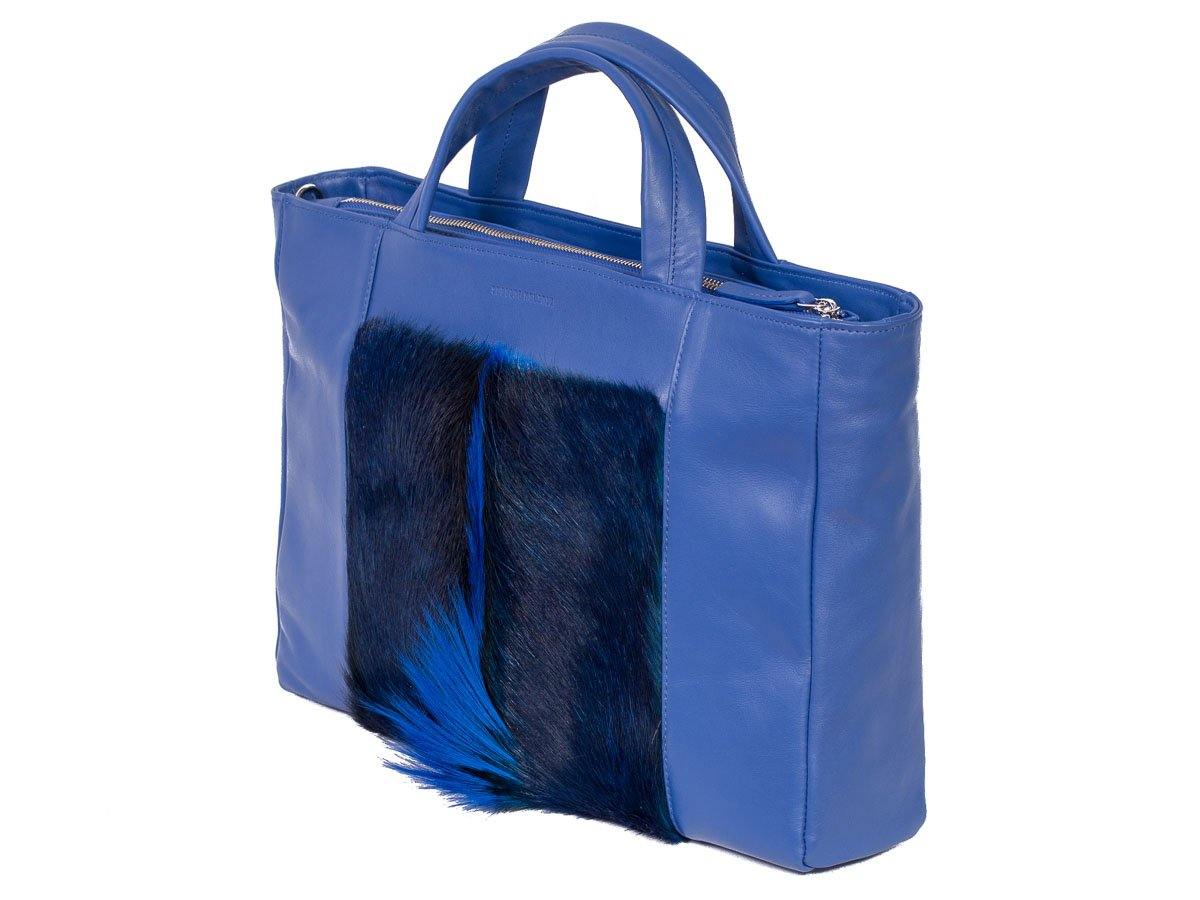 Tote Springbok Handbag in Royal Blue with a fan by Sherene Melinda Front Side Angle