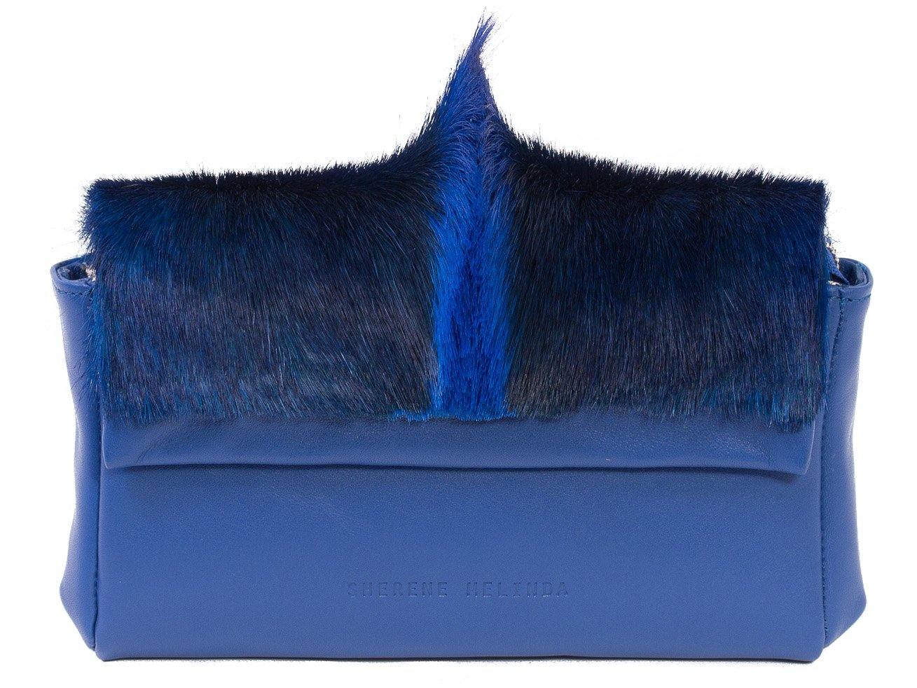 sherene melinda springbok hair-on-hide royal blue leather Sophy SS18 Clutch Bag Fan front
