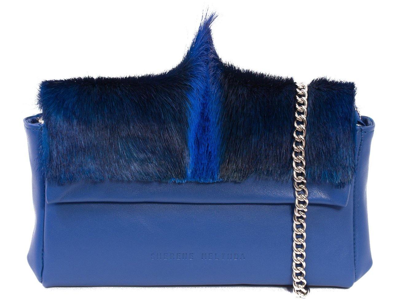 sherene melinda springbok hair-on-hide royal blue leather Sophy SS18 Clutch Bag fan front strap