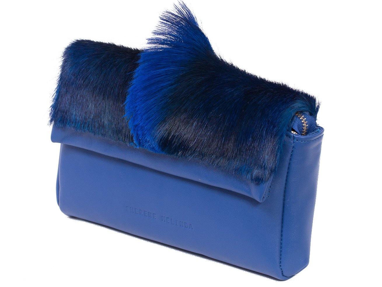 sherene melinda springbok hair-on-hide royal blue leather Sophy SS18 Clutch Bag Fan side angle