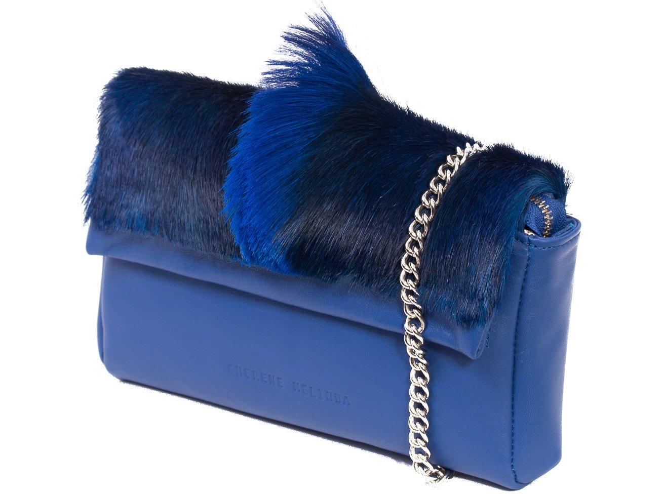 sherene melinda springbok hair-on-hide royal blue leather Sophy SS18 Clutch Bag Fan side angle strap
