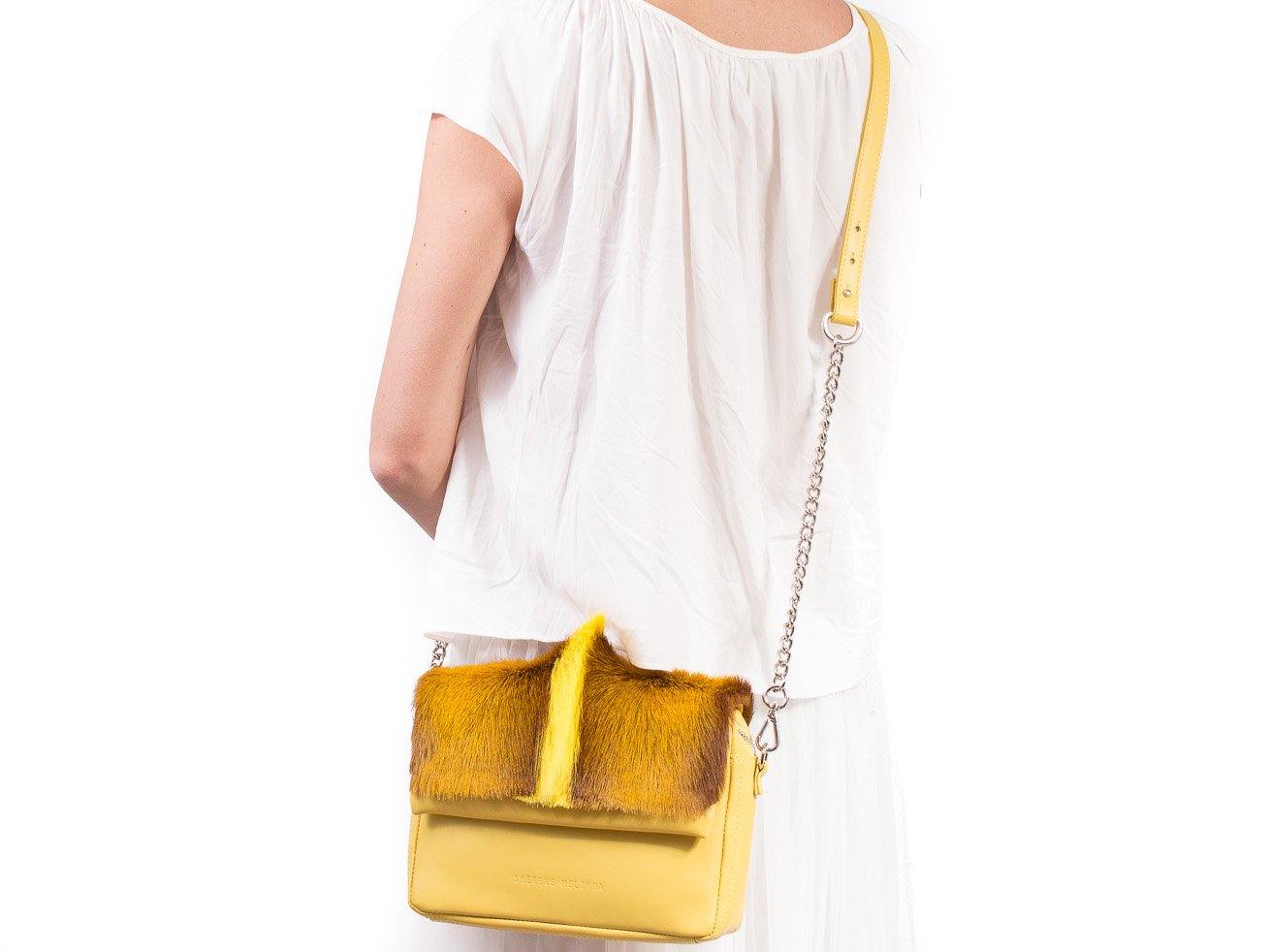sherene melinda springbok hair-on-hide yellow leather shoulder bag fan front strap
