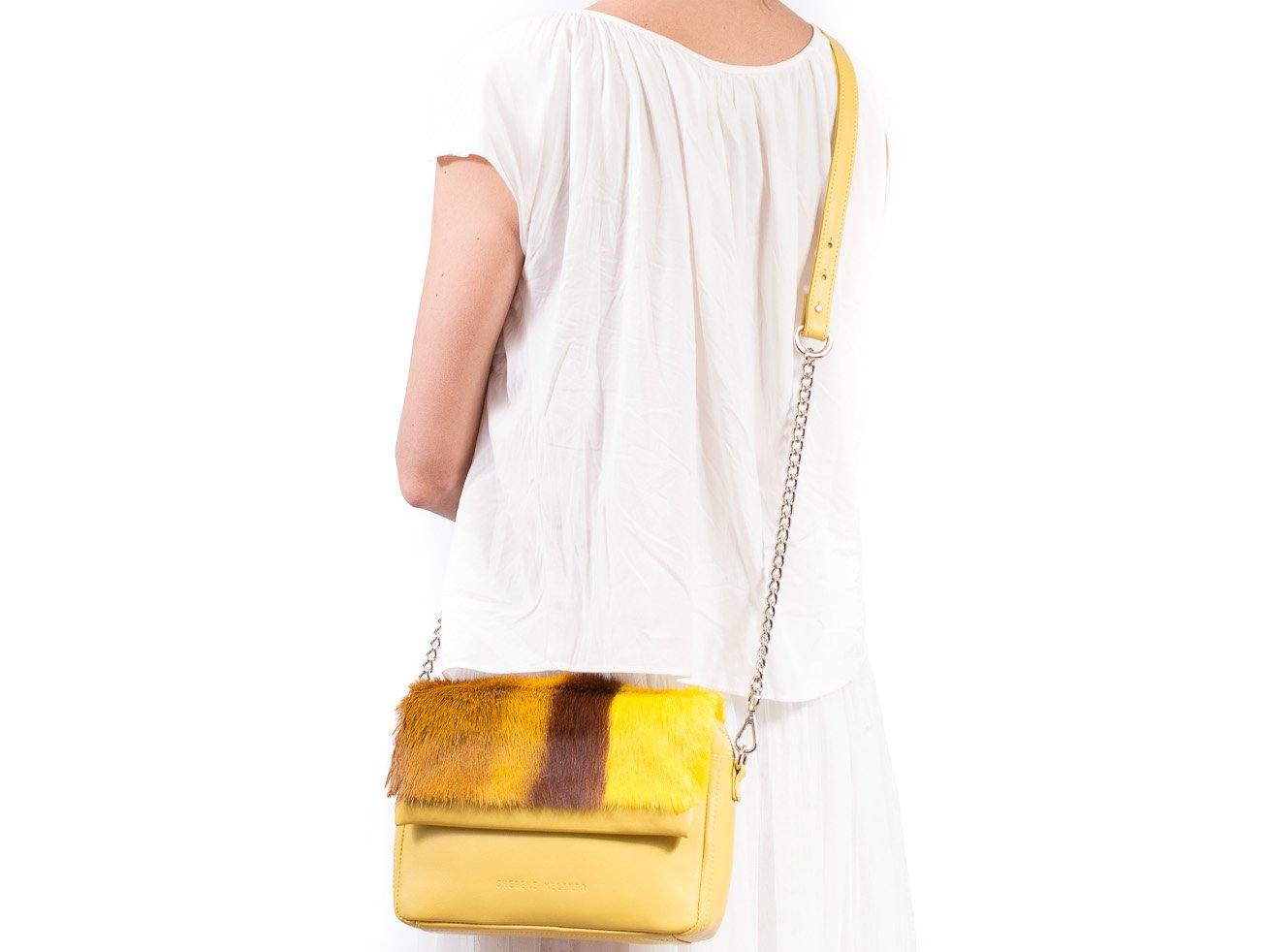 sherene melinda springbok hair-on-hide yellow leather shoulder bag stripe front strap
